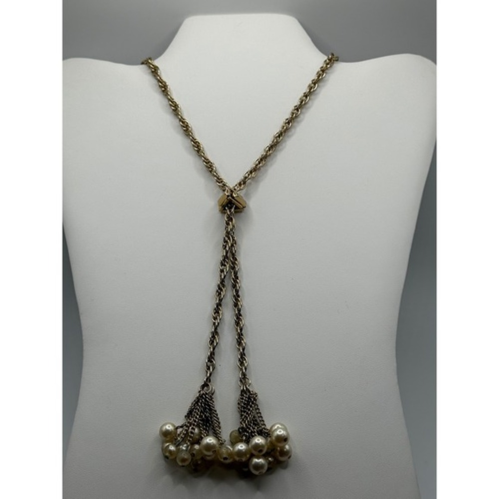 Vintage Gold Tone Lariat Necklace‎ Faux Pearl Tassel Rope Chain Y-Drop Jewelry